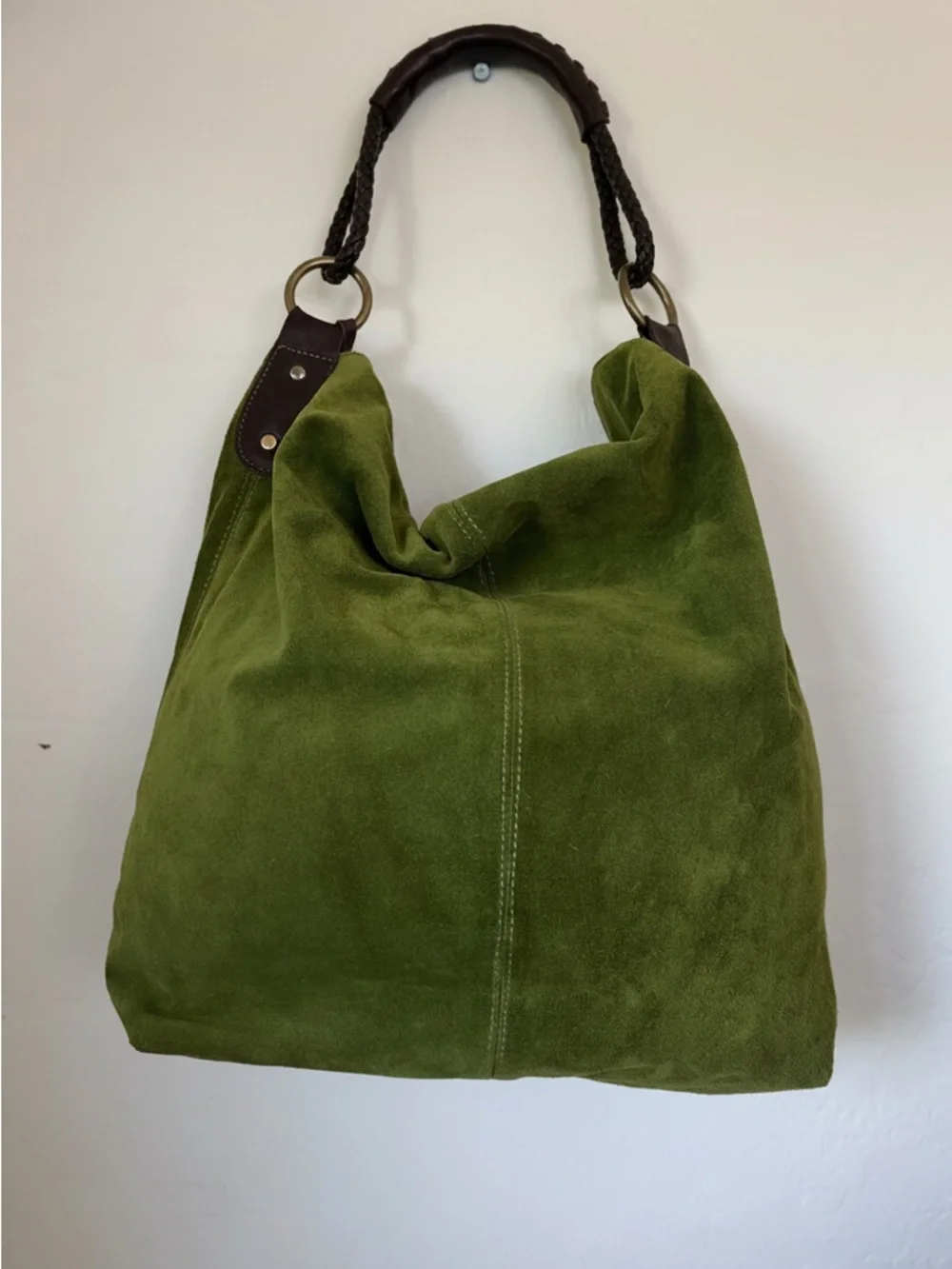 Henri Lou Large Olive Green Suede Hobo Bag – Braided Leather Handle - Picture 4 of 5